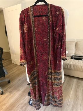 Red Paisley Long Embellished Kimono Robe
